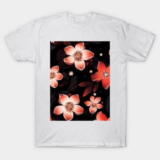 Red and Pink Sakura Flowers on Black Background T-Shirt